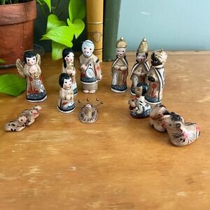 Vintage Tonala Nativity Set 14pc Mexican Folk Art  Clay Pottery Hand Painted